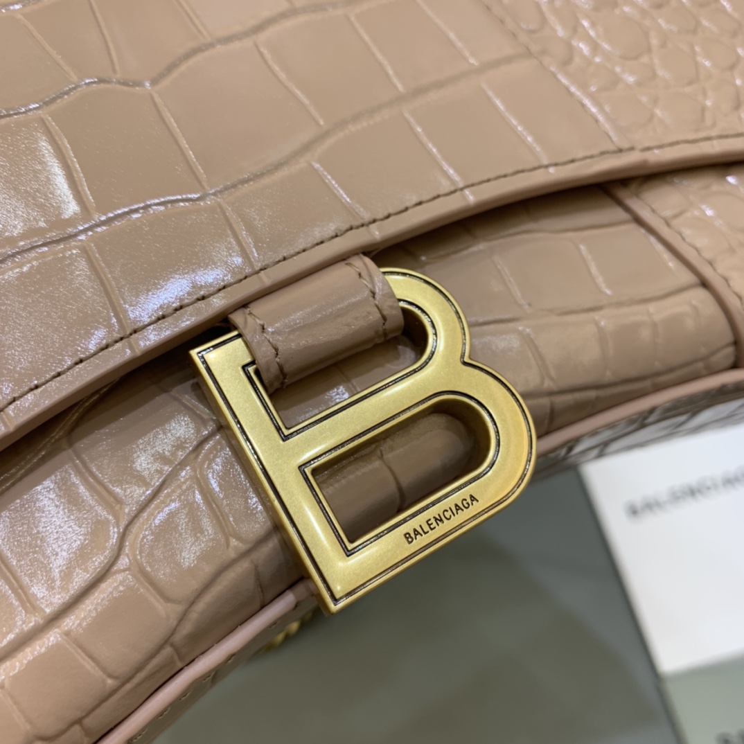 Balenciaga Big Hourglass Wallet With Chain Crocodile Embossed Shoulder Bag Light Coffee